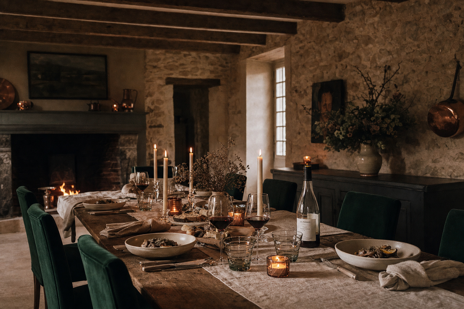 A long oak table set for a private dinner in the country house